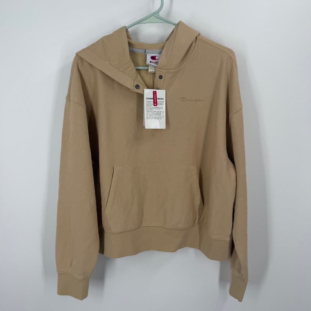 Champion Hoodie Women Large Tan Snap Neck Logo Embroidered Pullover 3044